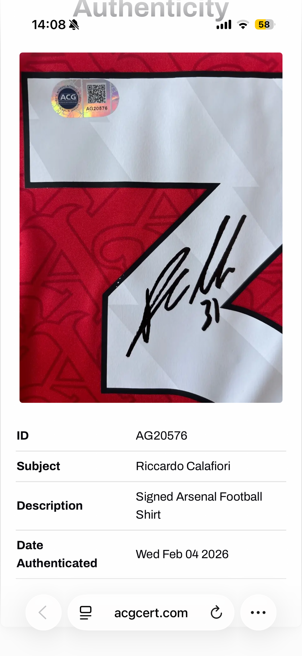 Riccardo Calafiori Arsenal Signed Shirt *ACG AUTHENTICATION* COA Saka Odegaard