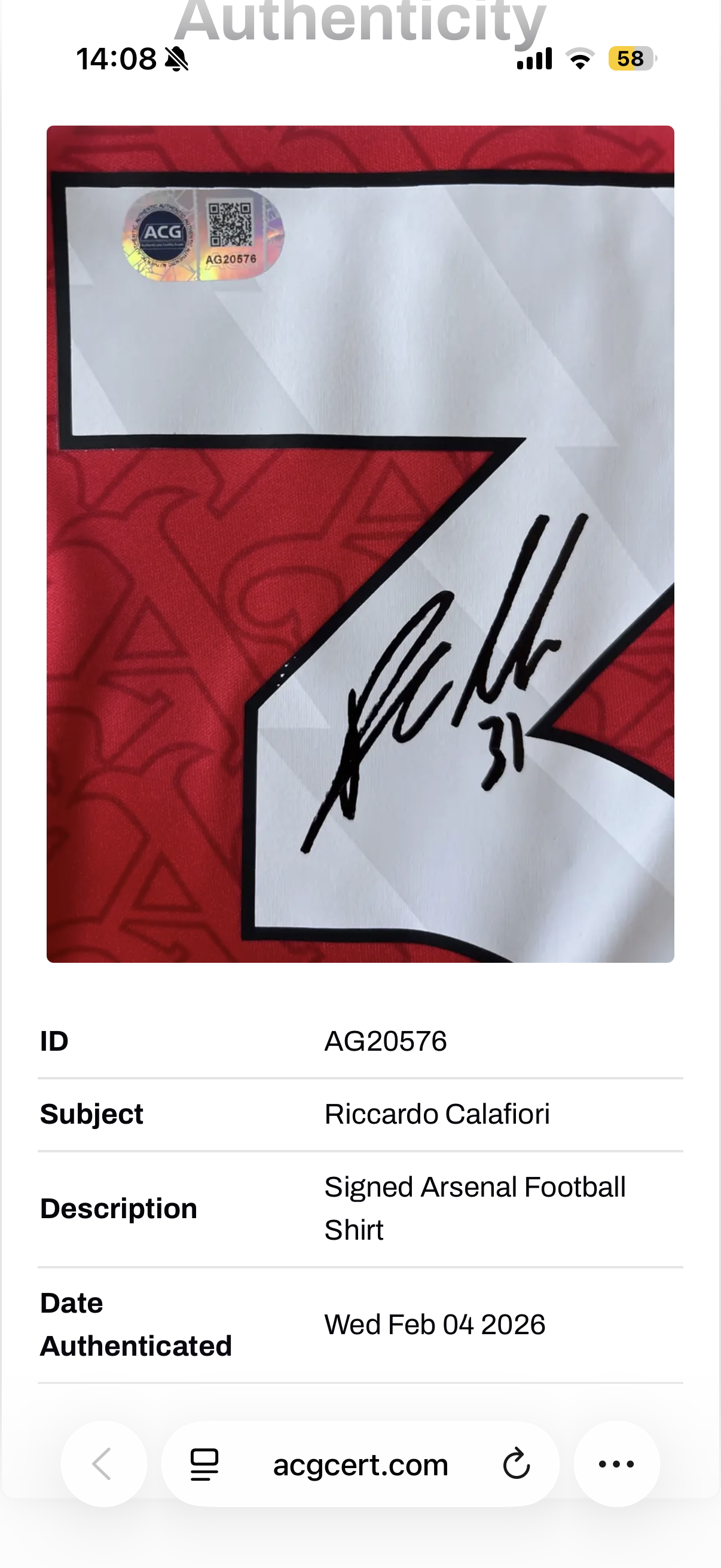 Riccardo Calafiori Arsenal Signed Shirt *ACG AUTHENTICATION* COA Saka Odegaard