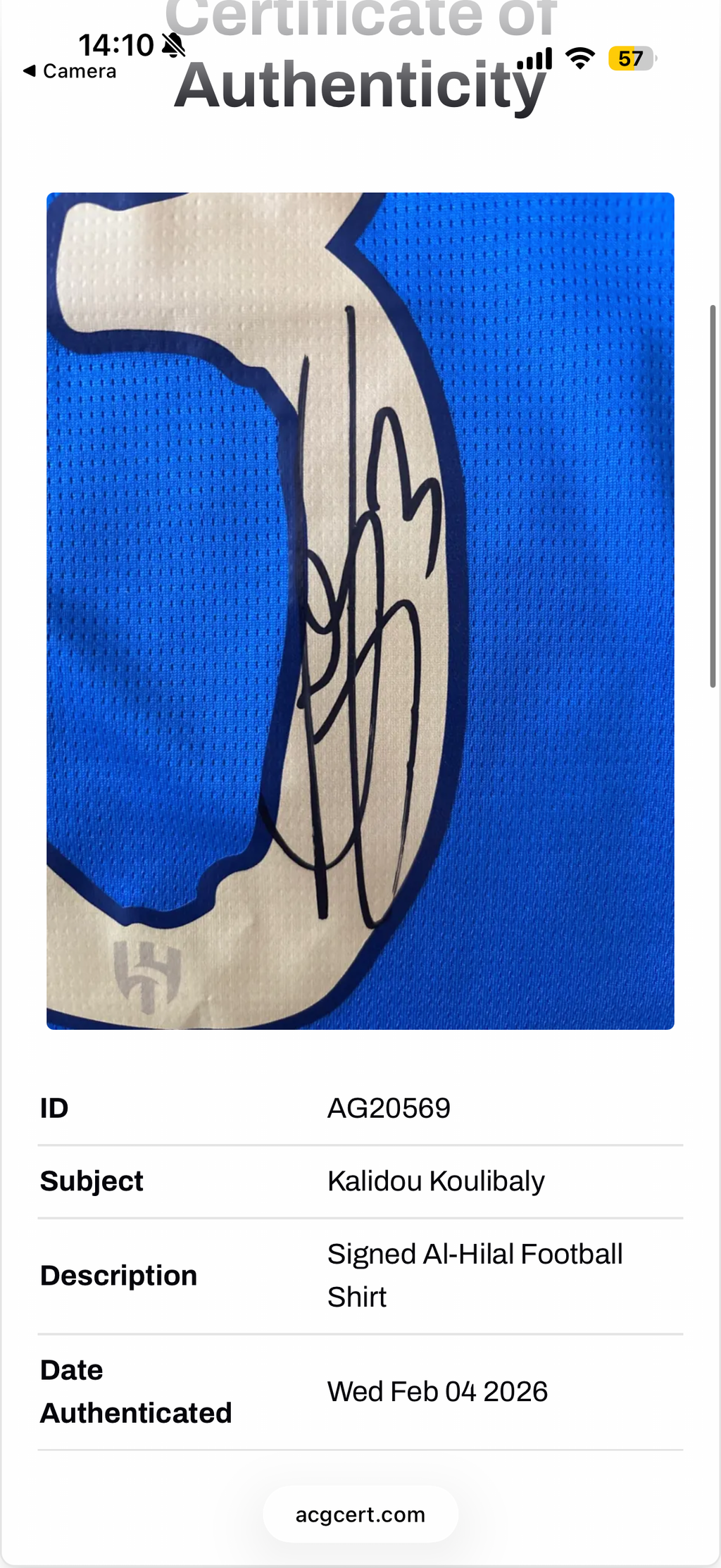 Kalidou Koulibaly Al Hilal Signed Shirt *RARE* COA ACG Cert Authenticated Saudi Pro League