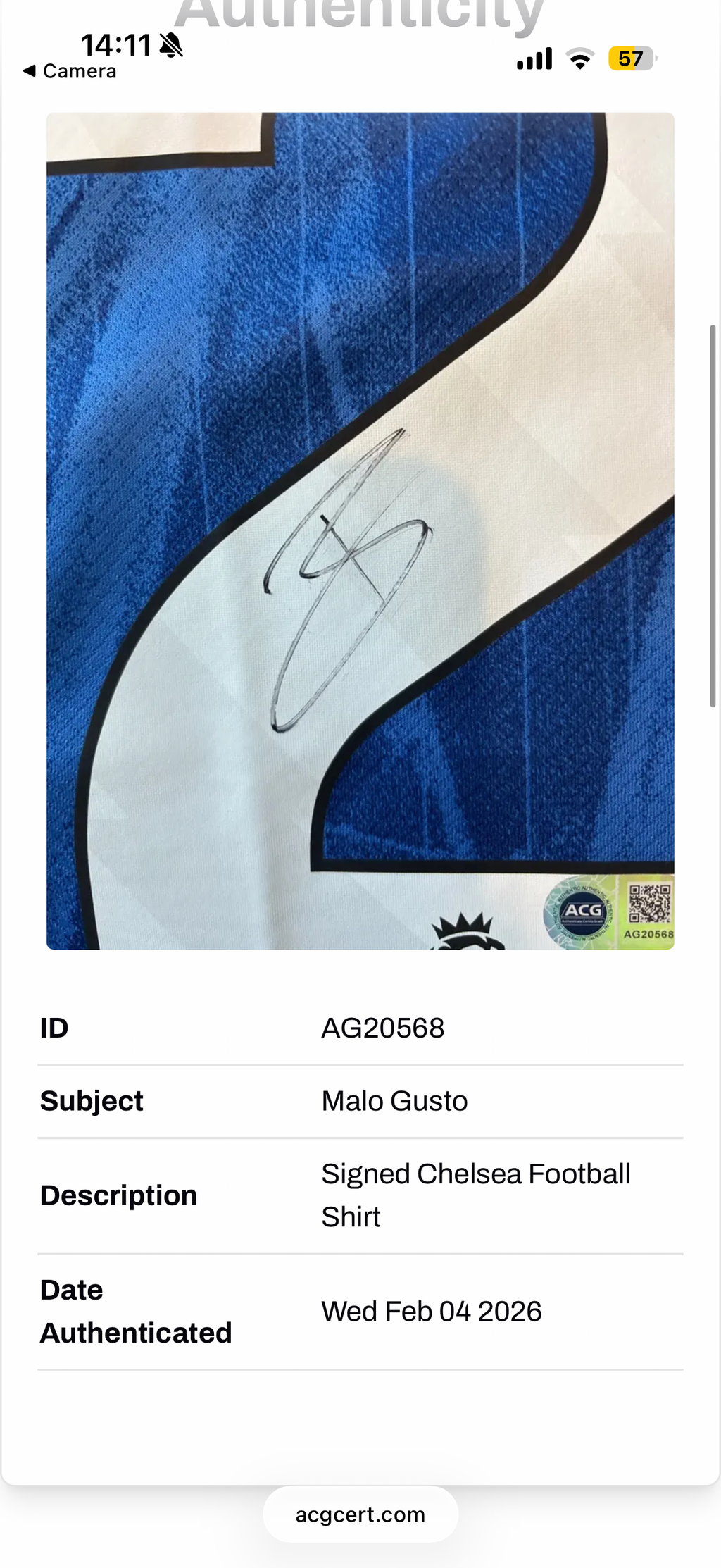 Malo Gusto Chelsea Signed Shirt *PROOF* COA ACG Cert Authentication RARE