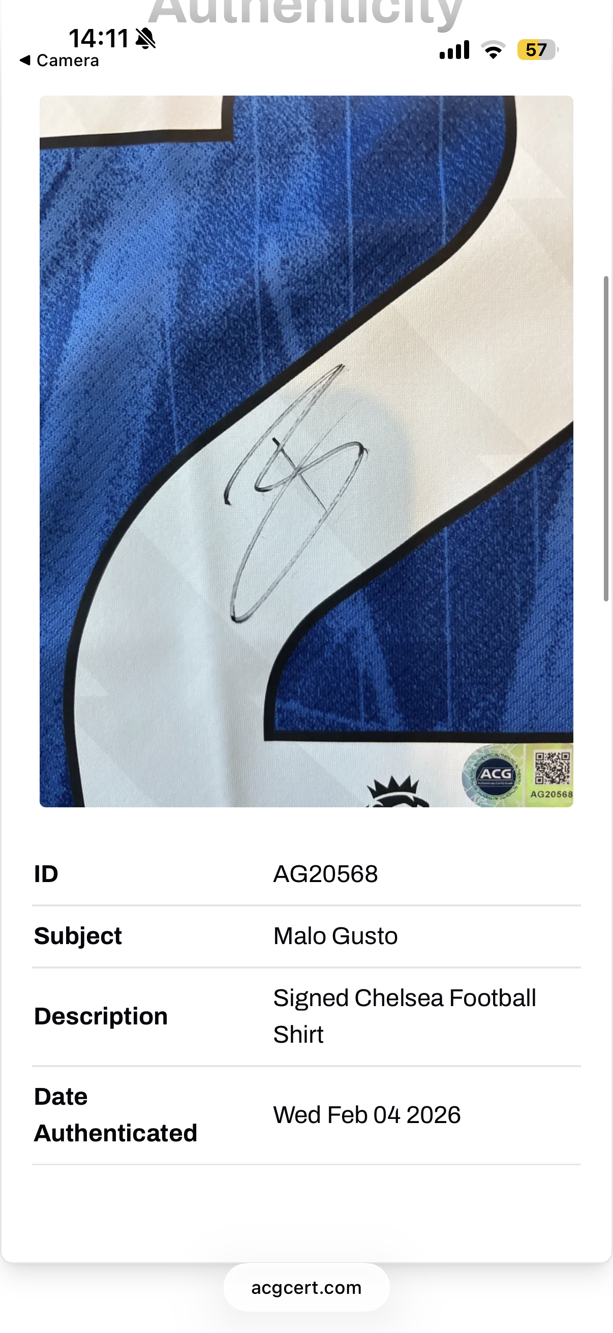Malo Gusto Chelsea Signed Shirt *PROOF* COA ACG Cert Authentication RARE