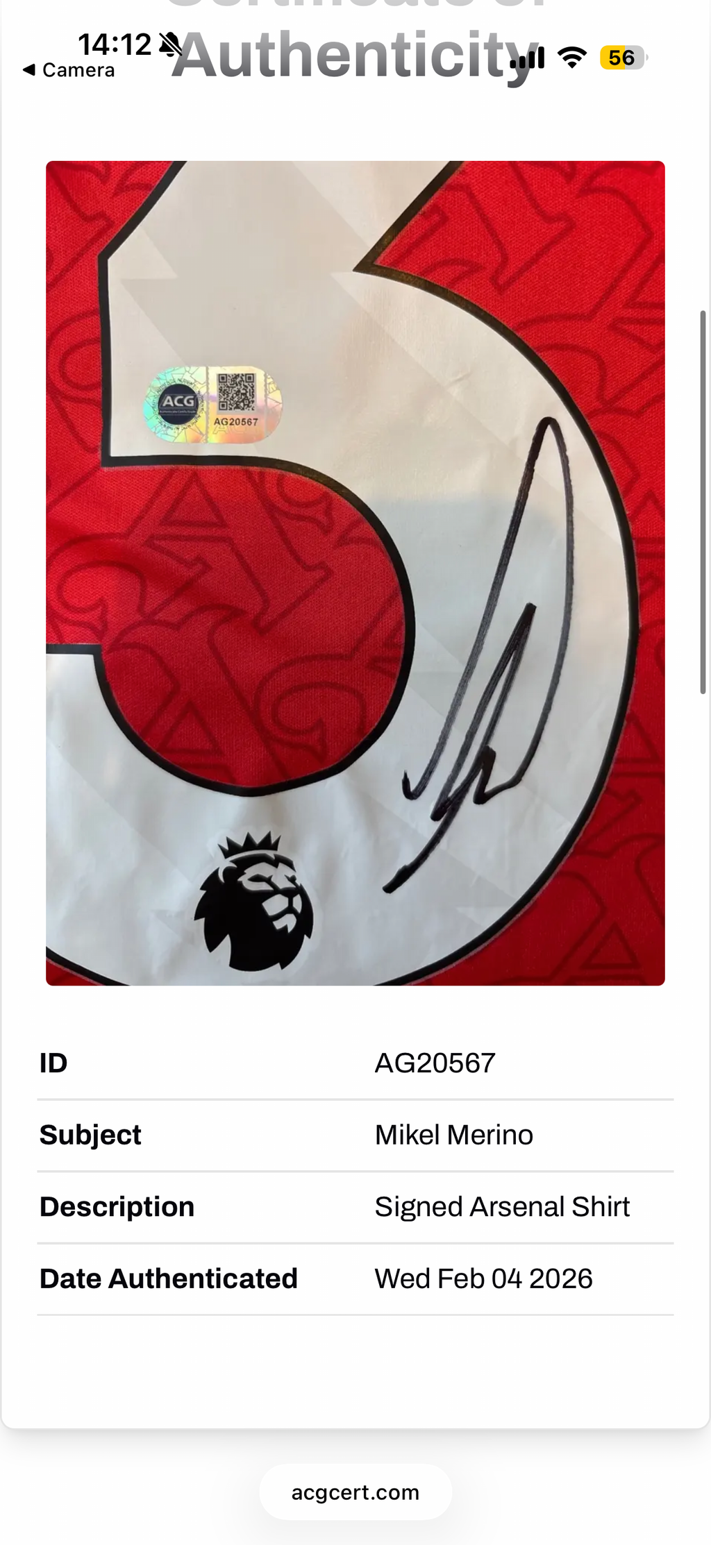 Mikel Merino Arsenal Signed Shirt 25/26 Home *COA* Proof & ACG authentication