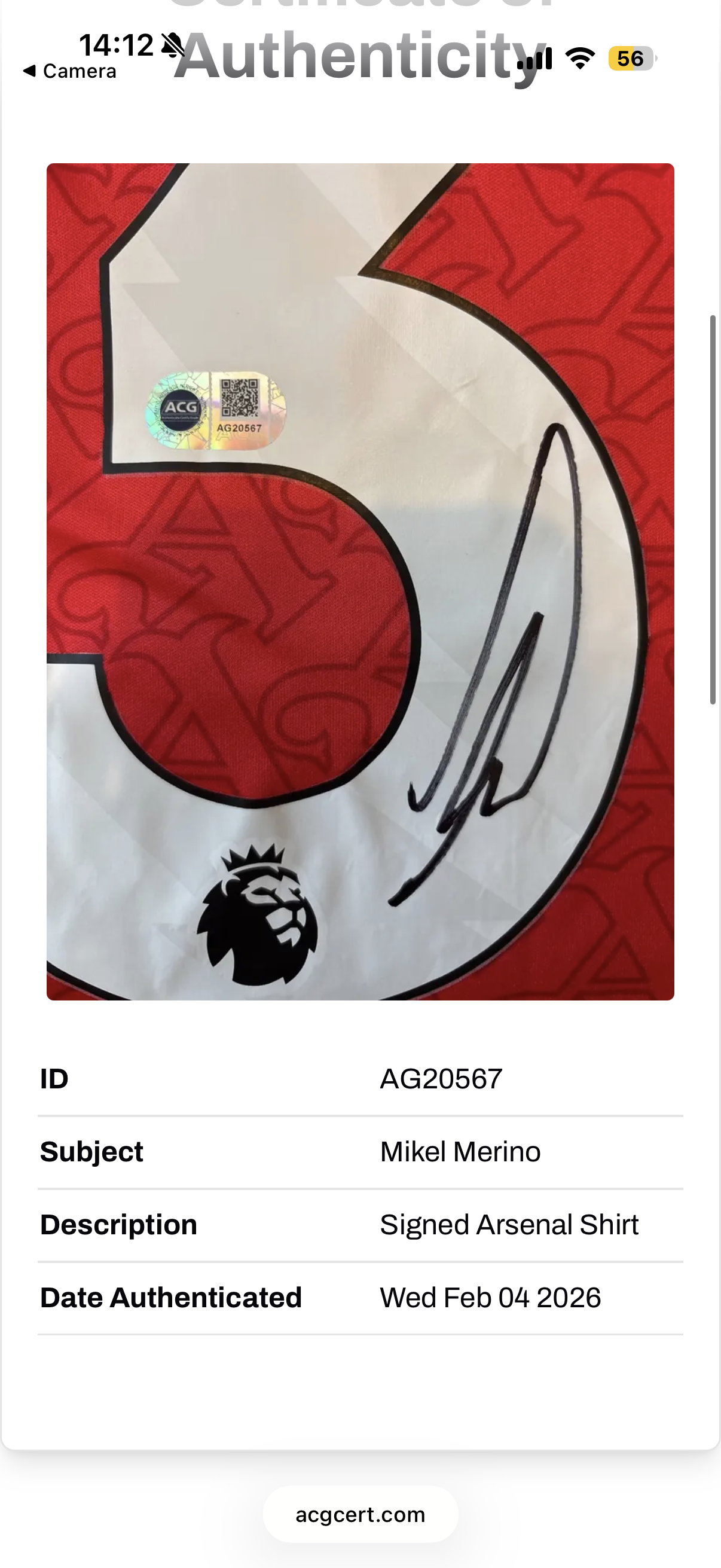Mikel Merino Arsenal Signed Shirt 25/26 Home *COA* Proof & ACG authentication