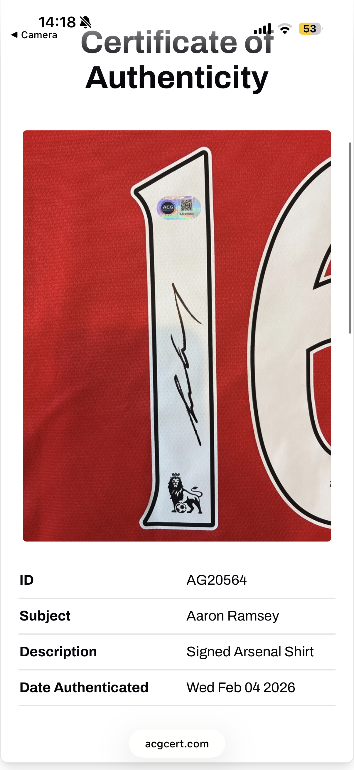 Aaron Ramsey Arsenal Signed Shirt *RARE* COA ACG Cert authentication *PROOF*