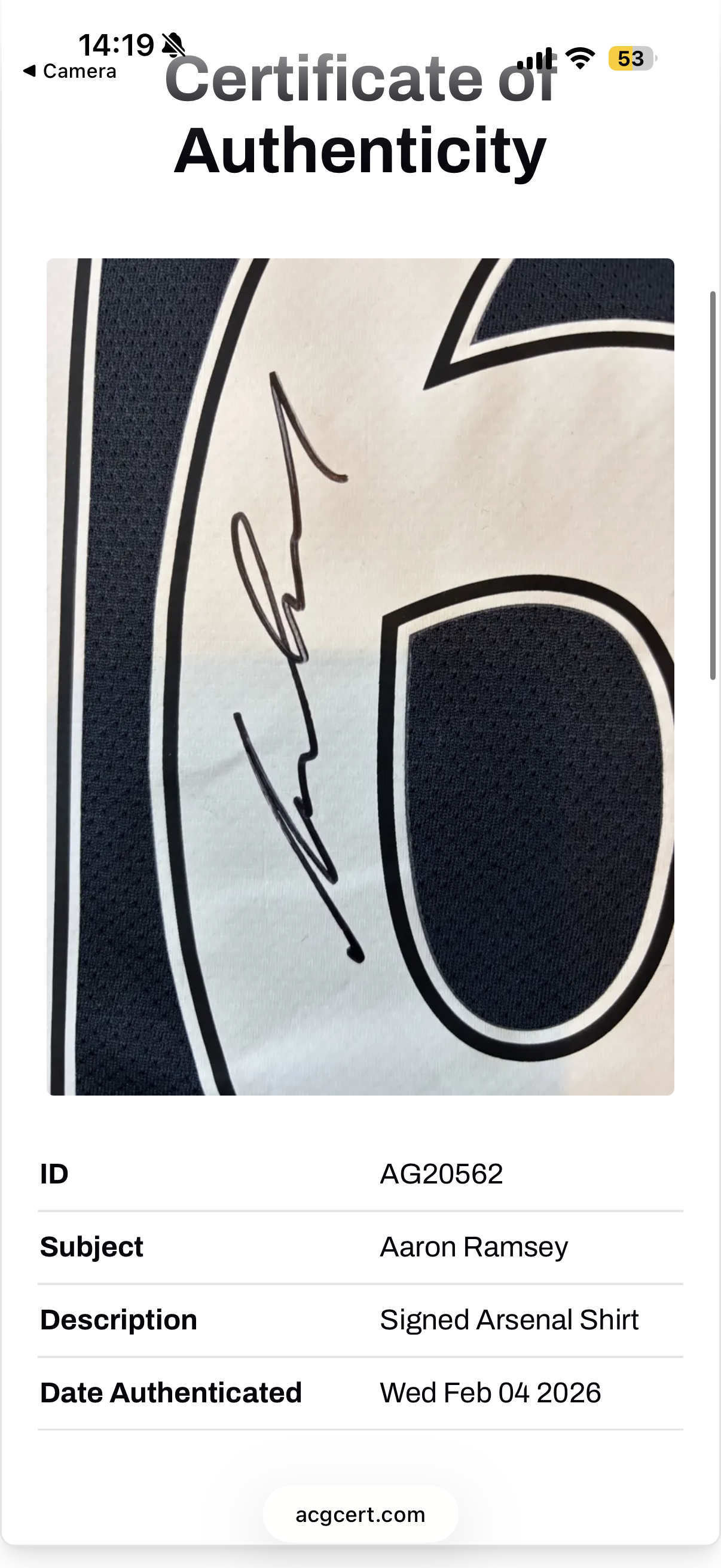 Aaron Ramsey Arsenal Signed Shirt *RARE* ACG Authentication *COA*