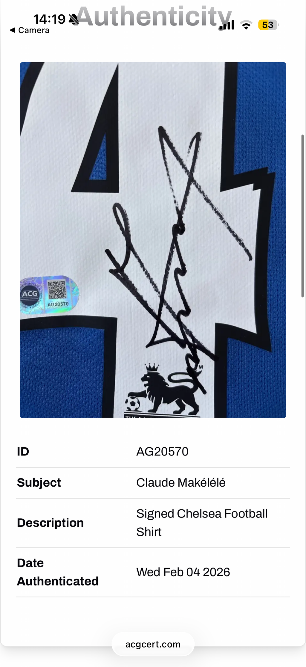 Claude Makelele Chelsea Signed Shirt 05/06 Home *RARE* PROOF ACG Authenticated