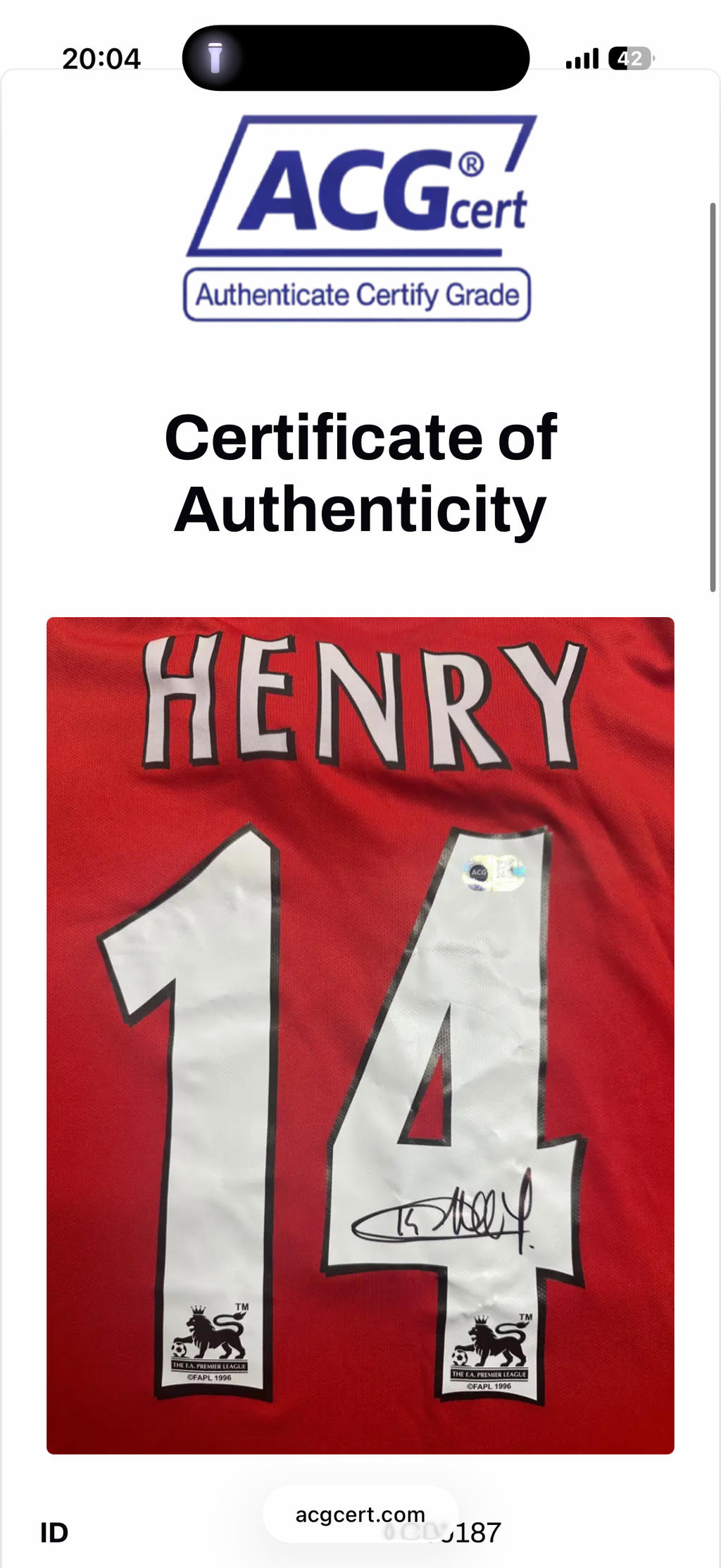 Thierry Henry Arsenal Signed Shirt Framed 03/04 Invincible *RARE* ACG COA