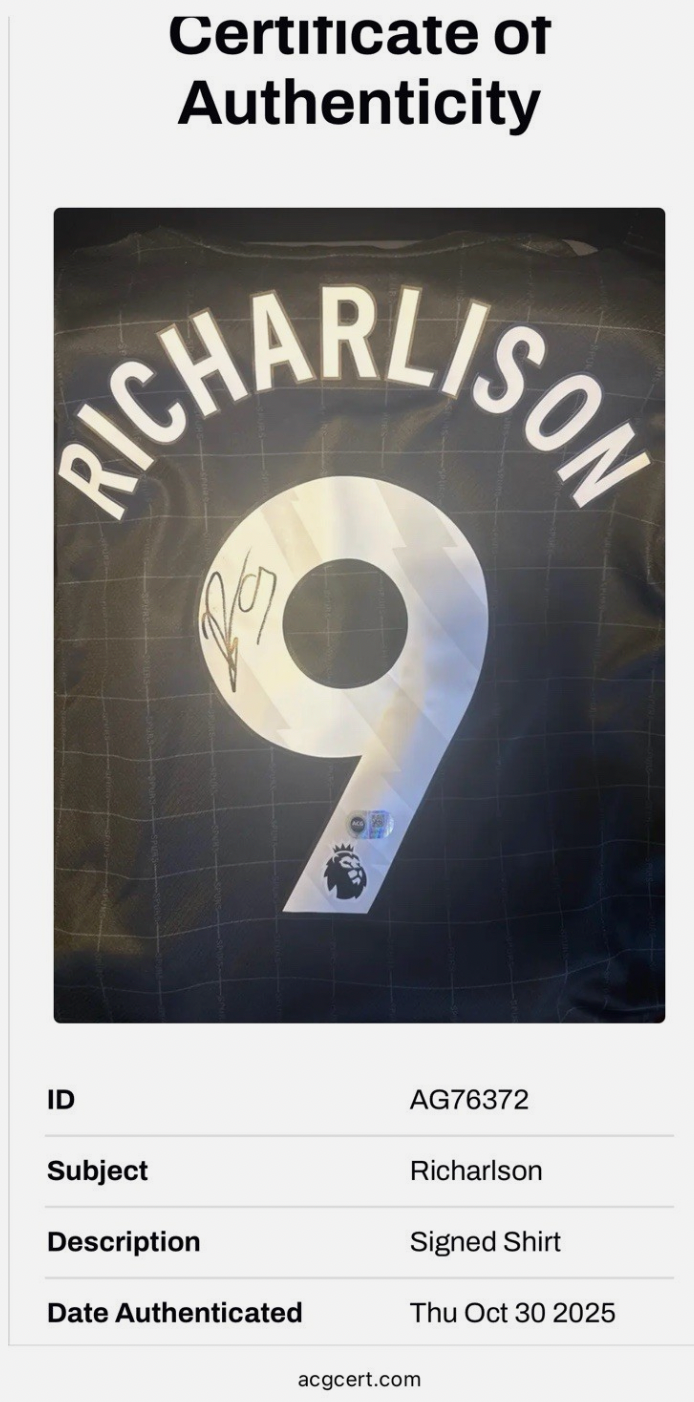 Richarlison Tottenham Hotspur Signed Shirt PROOF & ACG AUTHENTICATED *RARE 25/26