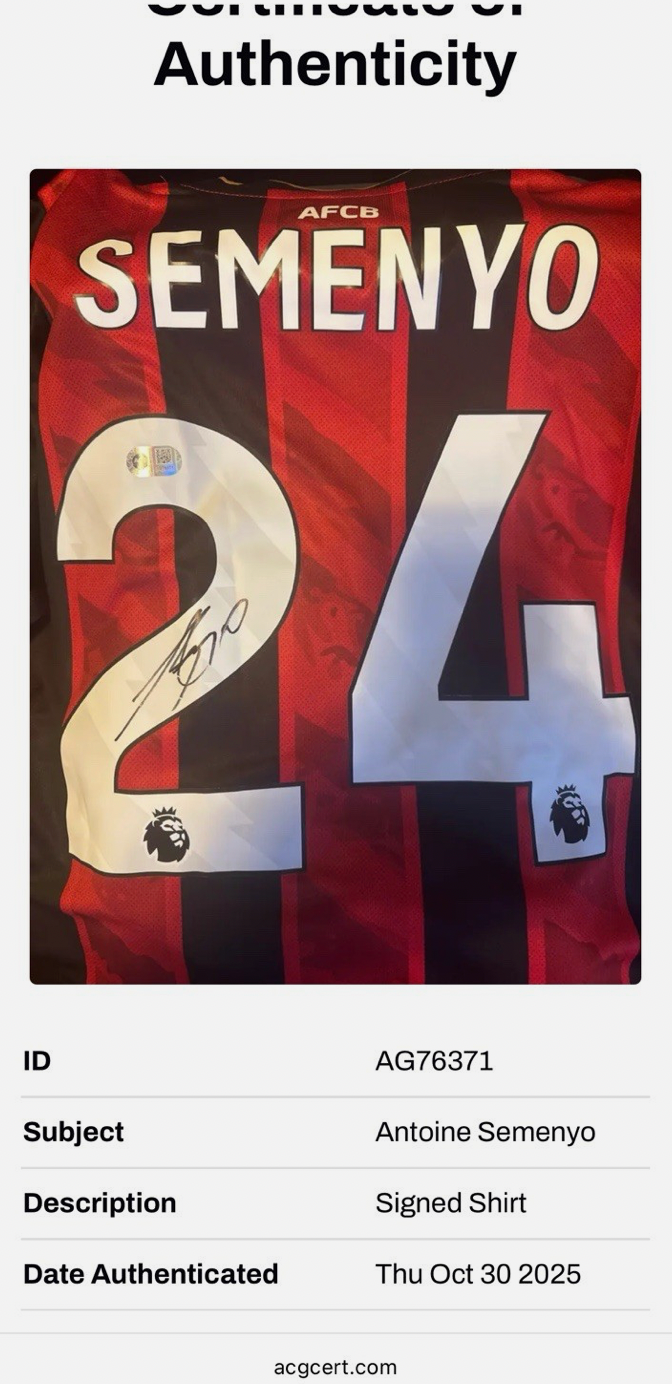 Antoine Semenyo Bournemouth Signed Shirt 25/26 Home ACG AUTHENTICATED RARE PROOF
