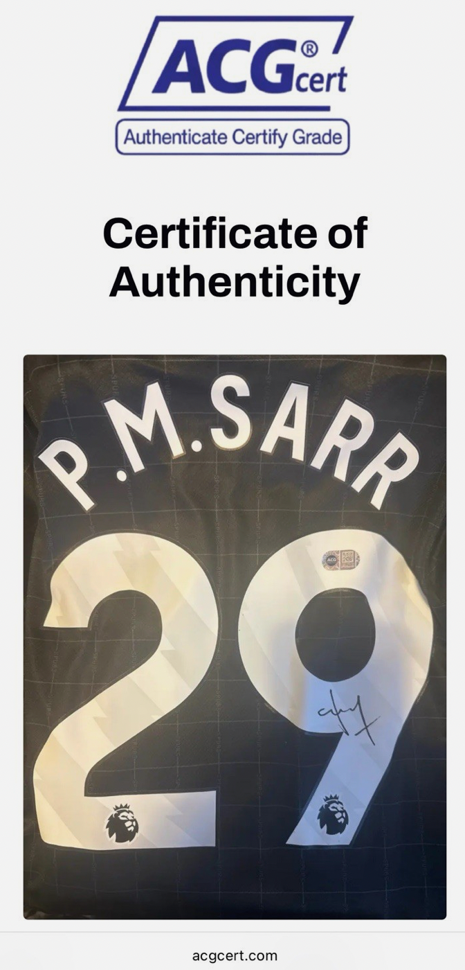 Pape Matar Sarr Tottenham Hotspur Signed Shirt 25/26 Away PROOF & ACG CERT *RARE