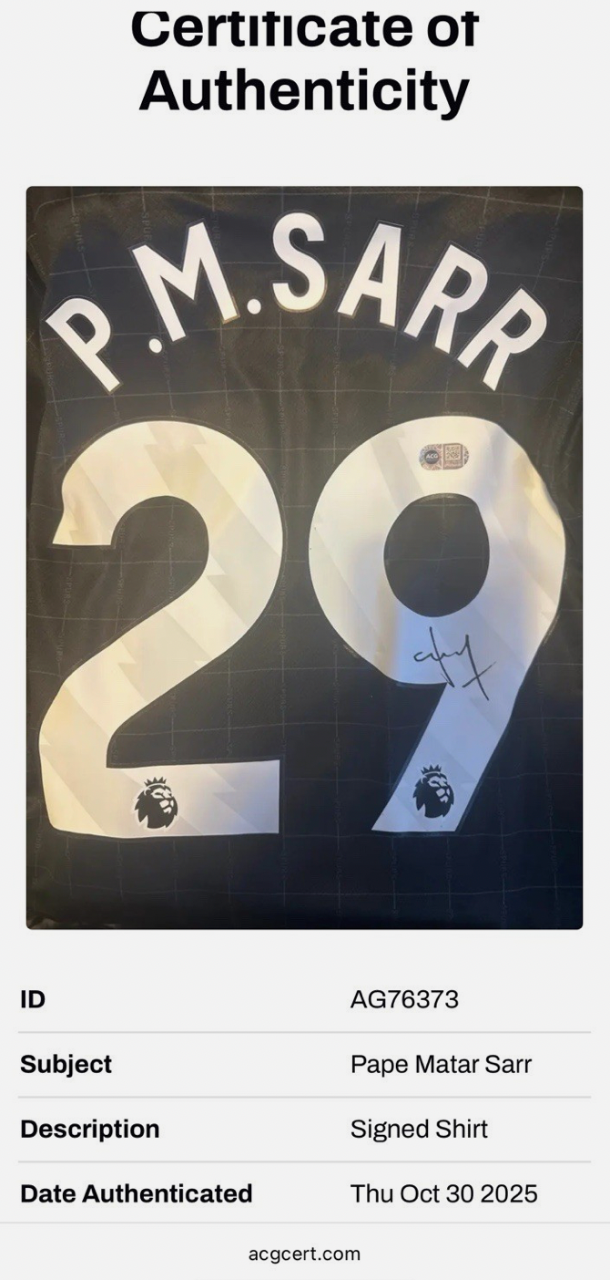 Pape Matar Sarr Tottenham Hotspur Signed Shirt 25/26 Away PROOF & ACG CERT *RARE