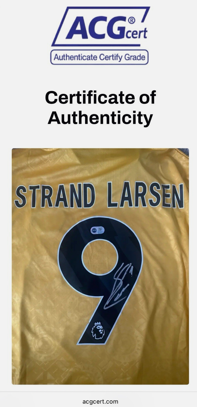 Jorgen Strand Larsen Wolves Signed Shirt *PROOF & ACG authentication* NORWAY