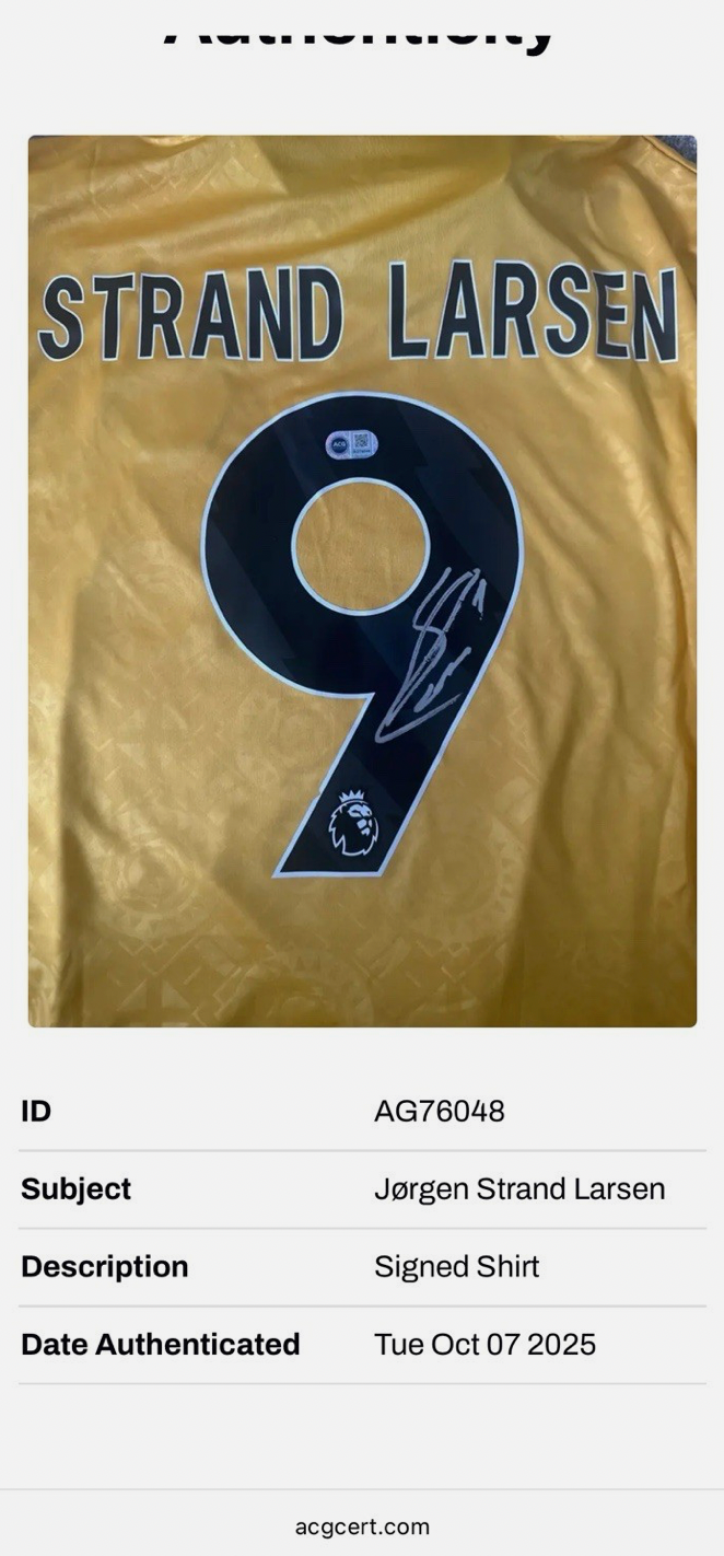 Jorgen Strand Larsen Wolves Signed Shirt *PROOF & ACG authentication* NORWAY